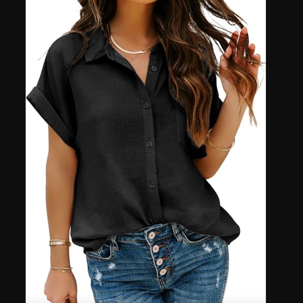 Pausus Short Sleeve Blouse Shirt V Neck Chiffon Black Button Down Collar Small